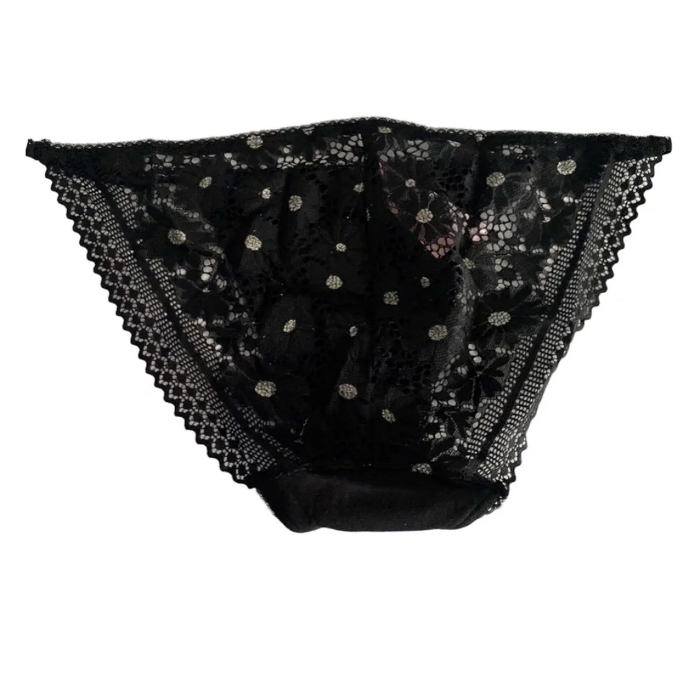 Victorias Secret Nwt Black Cotton Lace Daisy String Bikini Panty